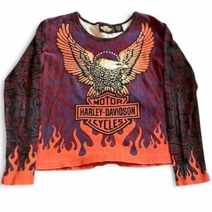Vtg Y2K Harley-Davidson Eagle Flame Studded Long Sleeve Graphic Shirt Size M